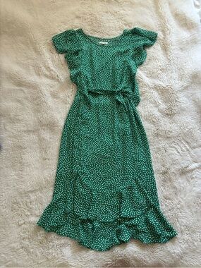 Max Studio Green and White Polka Dot Ruffle Midi Dress